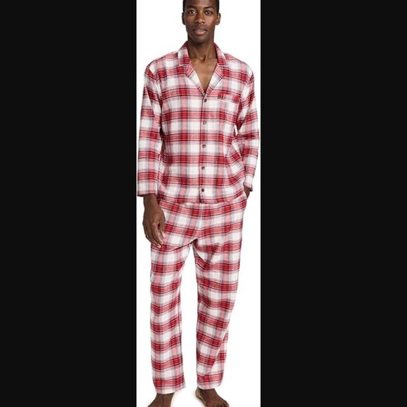 EBERJEY SZ M Men's Plaid Soft Flannel Long Pajama Set in Red & Ivory - Picture 1 of 16